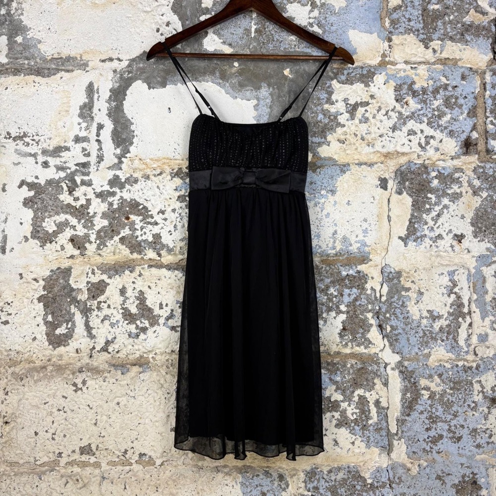 Ruby Rox Black Shimmer Polka Dot Babydoll Dress Satin Bow XS